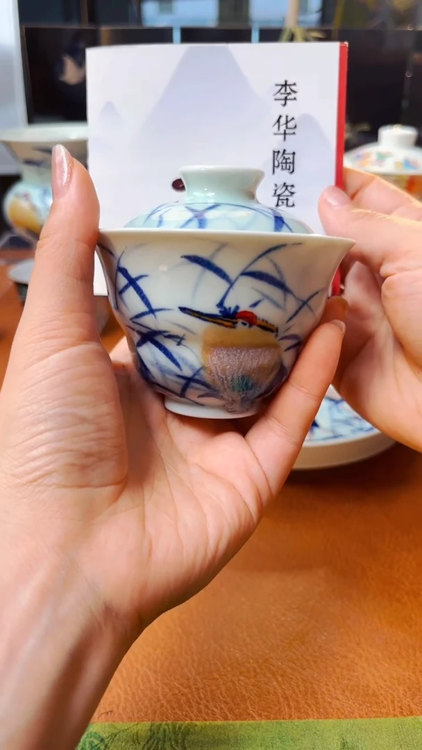 李华手绘青花花釉鹭鸶葫芦盖碗