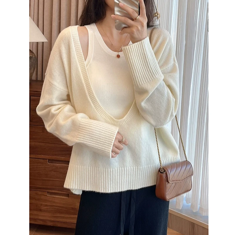 宝丫轻奢  T女式时尚设计感大U领纯色套头针织衫上衣K934