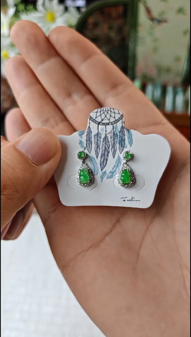 翡翠银S925镶嵌耳饰翡翠耳饰S925银镶嵌