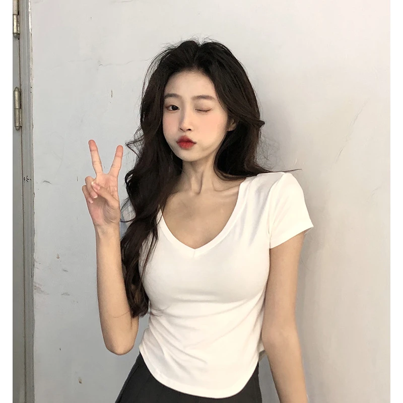 辣妹收腰t恤短袖夏季显瘦白色修身女士V领大版t恤加大加宽女上衣