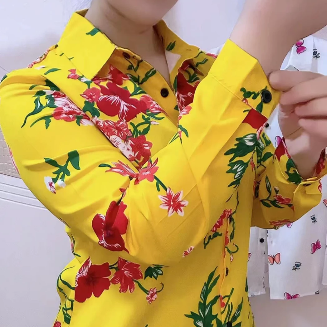 秋季薄款印花长袖女士衬衫时尚百搭气质衬衣中年妈妈装洋气花色