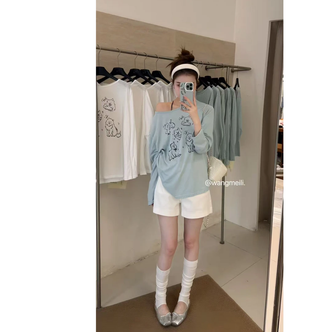 王美丽本丽-no退no换 谨慎下单1588斜肩猫咪小狗图案防晒上衣