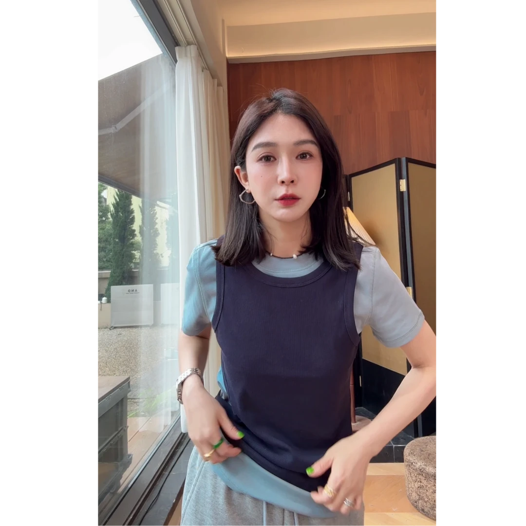 LYXZ x 大小与【真两件】春季新款圆领短袖T恤加背心两件套76619