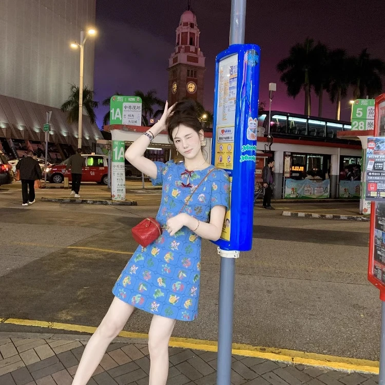 鱼兔子的兔子25年夏季新款丝绒蝴蝶结小香风连衣裙女显瘦气质时尚