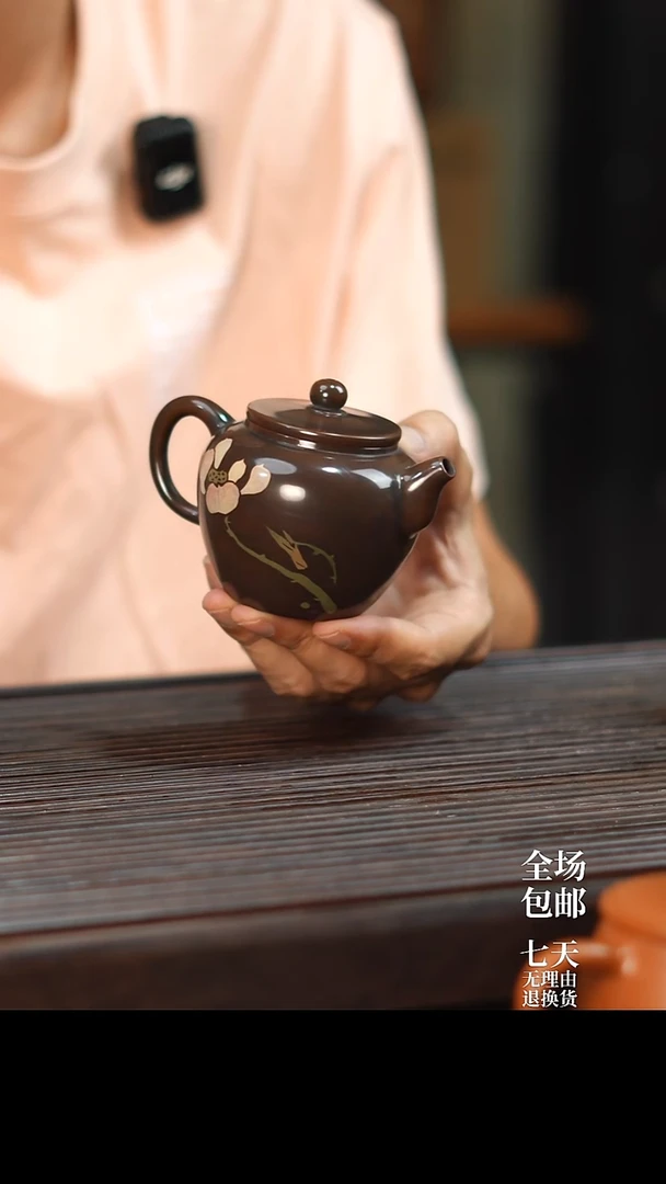 云水山涧建水紫陶精品无釉磨光刻填 云锦壶 008
