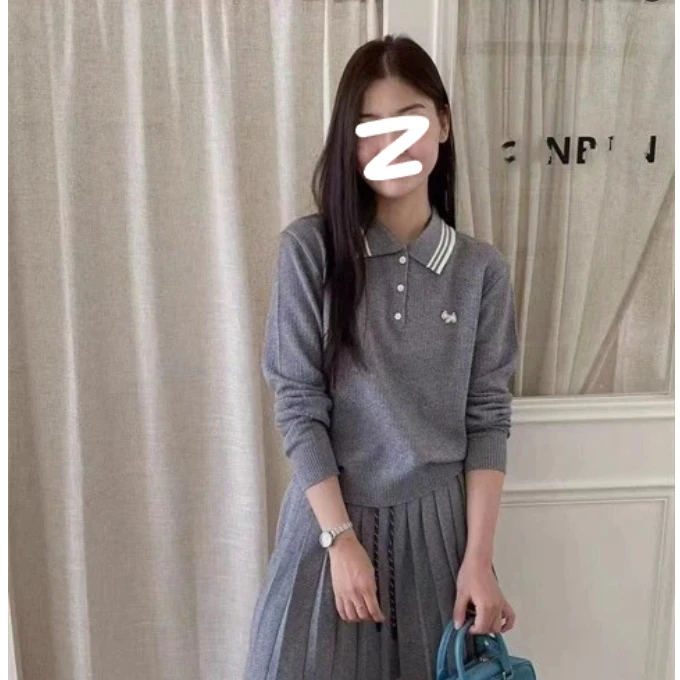 【套装】高级感学院风长袖针织上衣+休闲时尚百搭气质款百褶半身裙