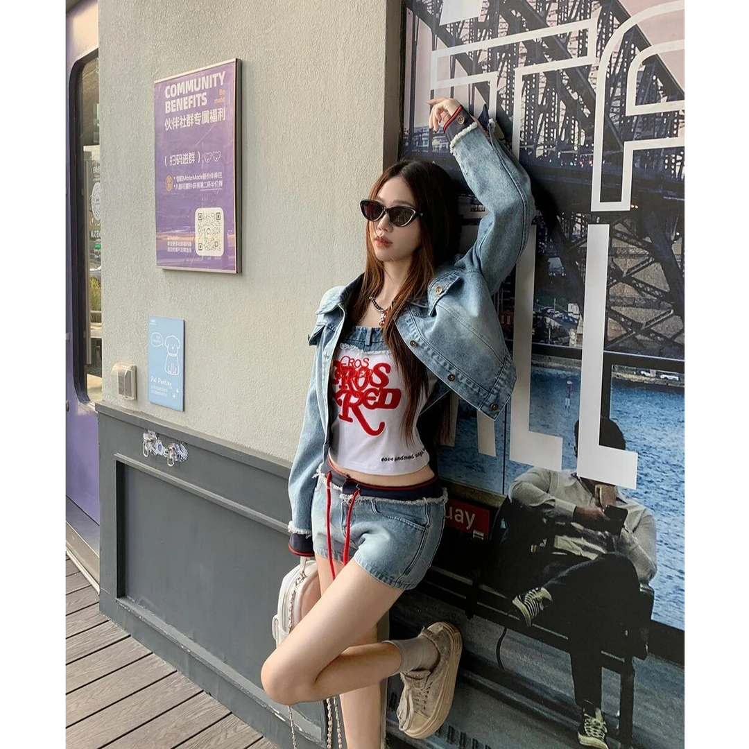 【单宁少女】 2025春季复古牛仔外套内搭吊带背心休闲短裤套装女