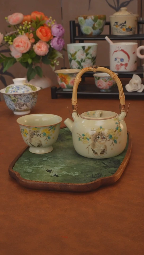 落单福利 桂花喵提梁壶+杯 带开片