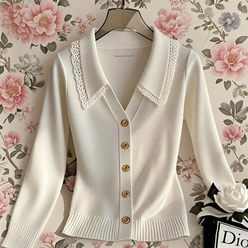 2025早秋季洋气时尚爆款法式优雅气质显瘦蕾丝拼接长袖毛针织衫女