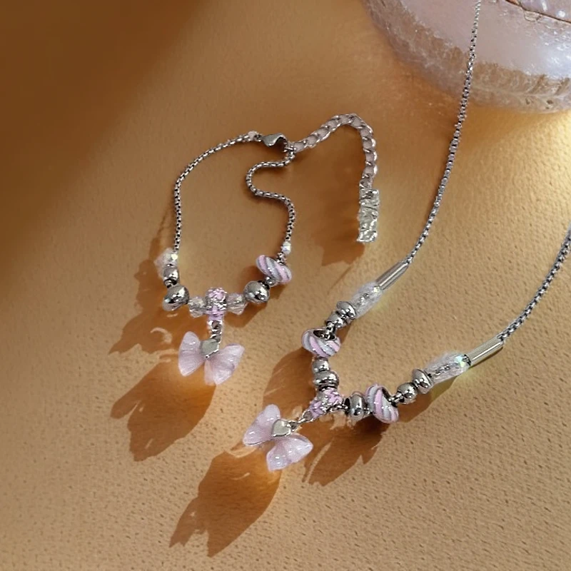 合金合成锆石项链 镭射蝴蝶圆珠粉螺纹项链可爱轻奢女友礼物小众