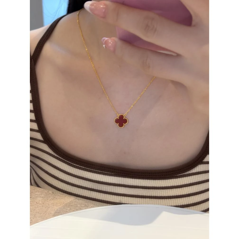 链子足银 单红花套链 女士轻奢经典同款气质时尚百搭红色小众双面