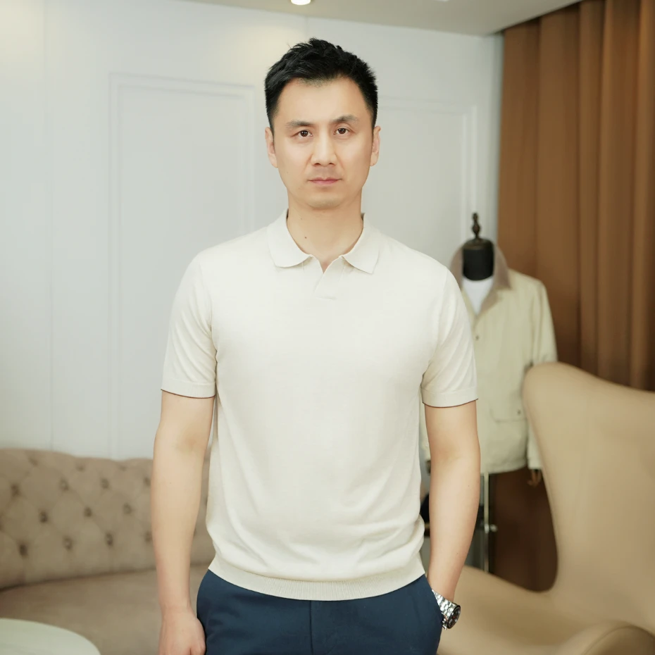 夏季男士V领100%莱赛尔针织POLO衫透气舒适简约休闲T恤 55159