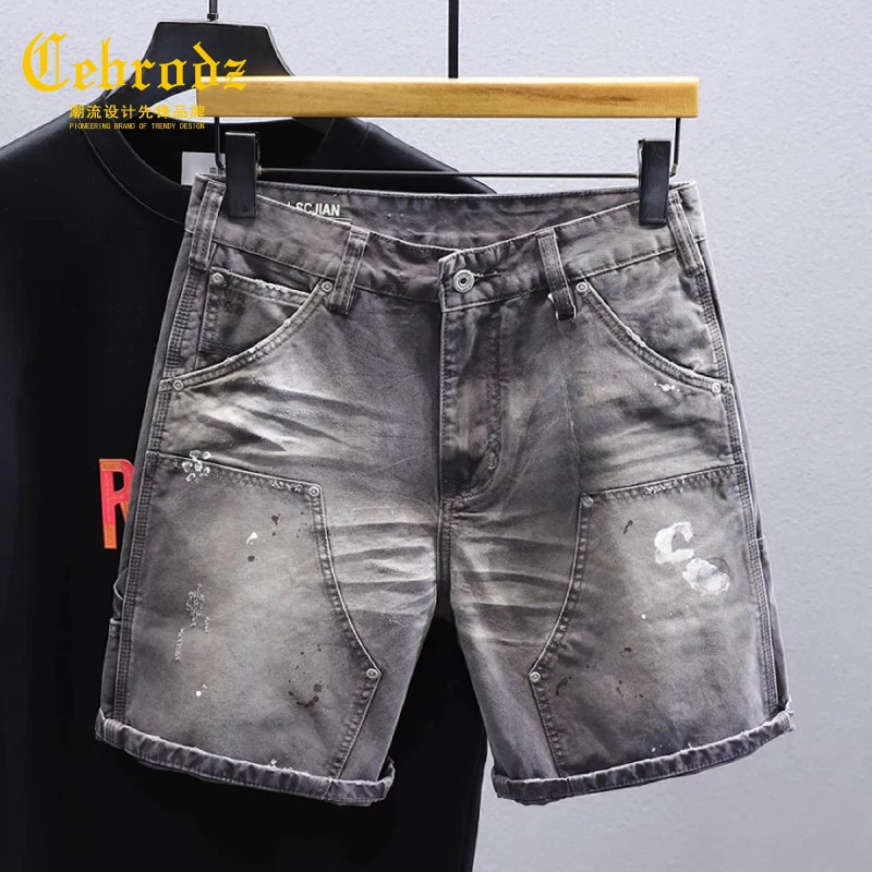 法国Cebrodz男款做旧破坏伐木工装牛仔短裤男夏季宽松潮牌中裤子