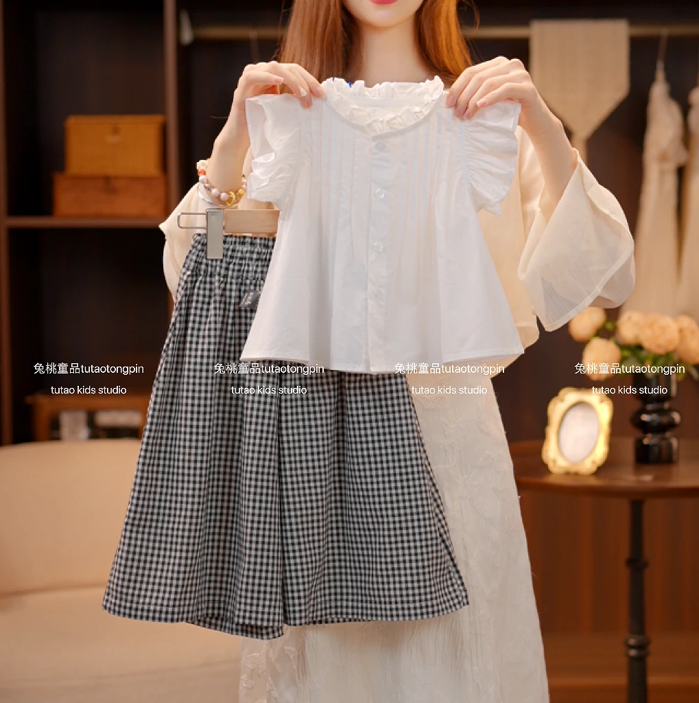 2025春季新款花边袖格子裤套装女童森系休闲田园百搭甜美蕾丝洋气