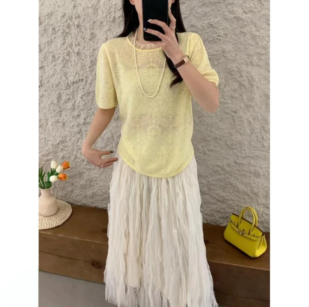 玲姐定制-夏季蕾丝提花短袖Ｔ恤女圆领薄款微透珍珠扣套头75223