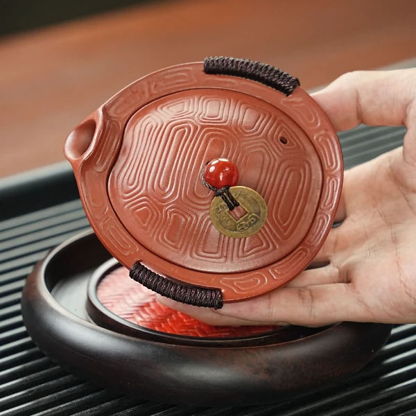 宜兴原矿鸡血大红袍手工富甲一方紫砂壶