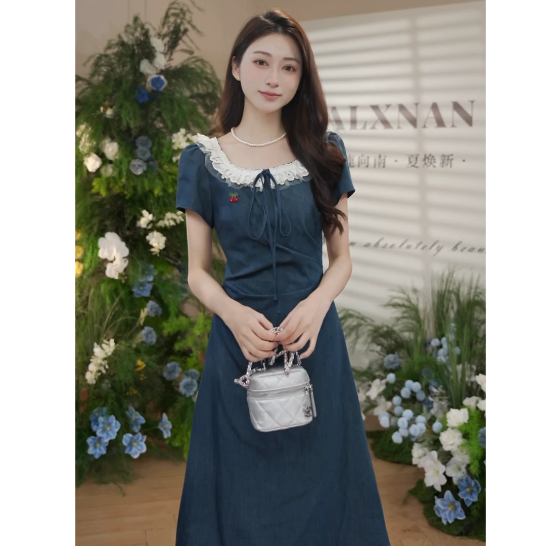 鹿向南「樱桃列车」新款夏季韩系甜美减龄感仿牛仔布轻薄透气连衣裙