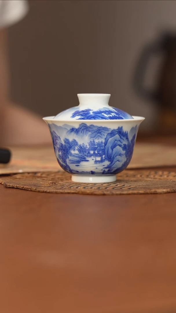 杯看山柴窑青花山水