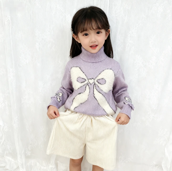 YIYANG童装毛衣紫色女童高领秋冬毛衣大蝴蝶结提花毛衣332儿童