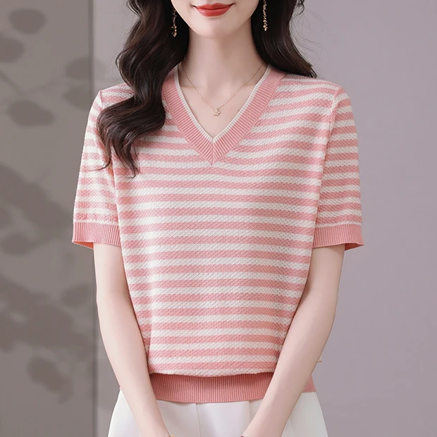 【天丝】条纹镂空V领小衫2025新款夏薄款爆款短袖女宽松显瘦妈妈装
