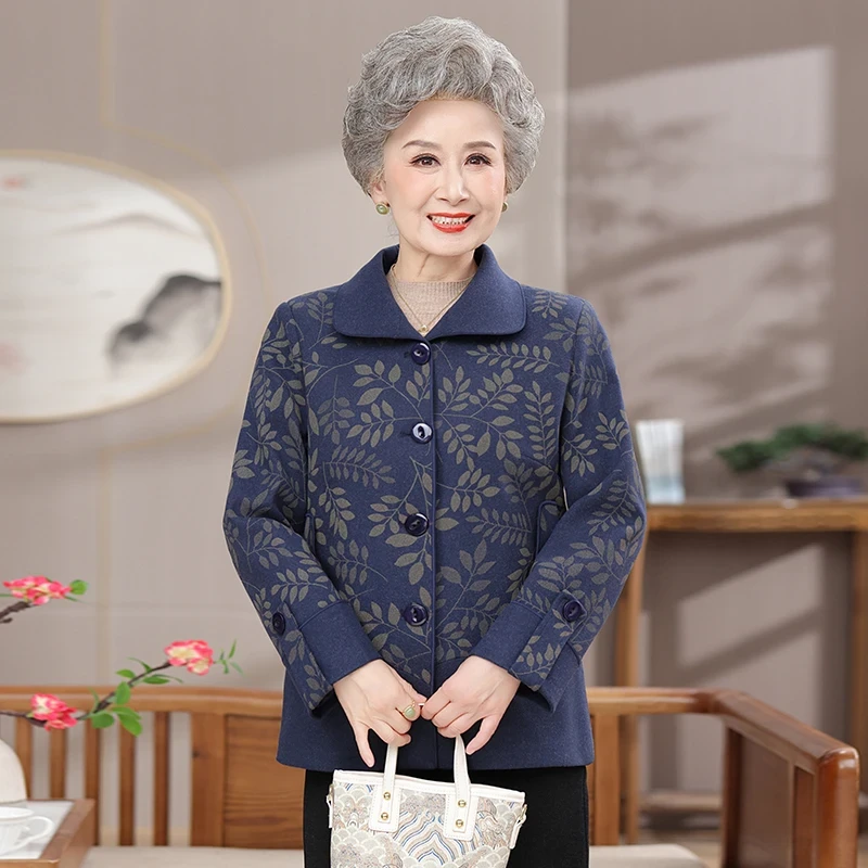 新款翻领中老年女装中老年妈妈女款唐装奶奶装春秋装毛呢外套