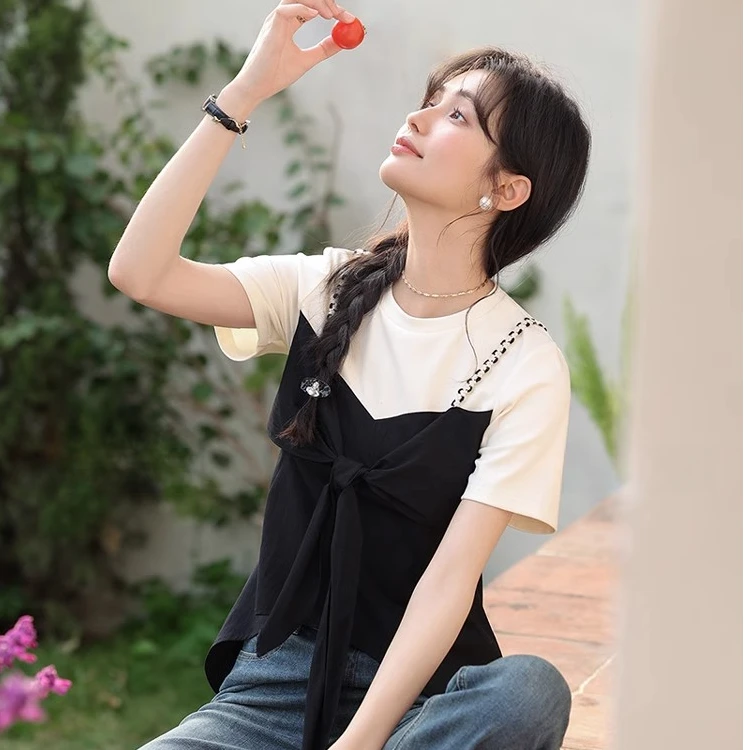 黑色正肩短袖t恤女夏季假两件上衣2025新款夏