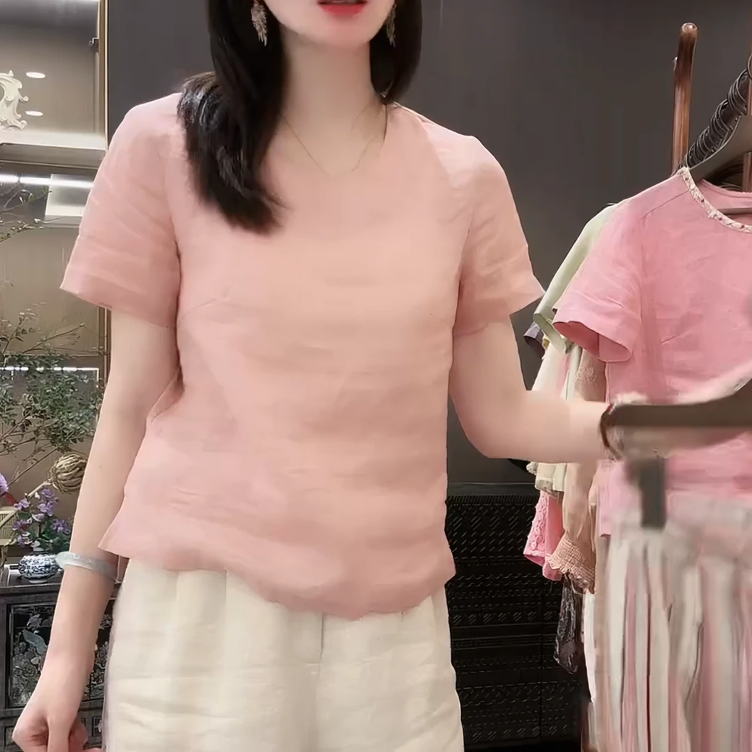 【三分糖】2025粉色显瘦气质T桖高级感触感凉爽简约短袖女LK2503315