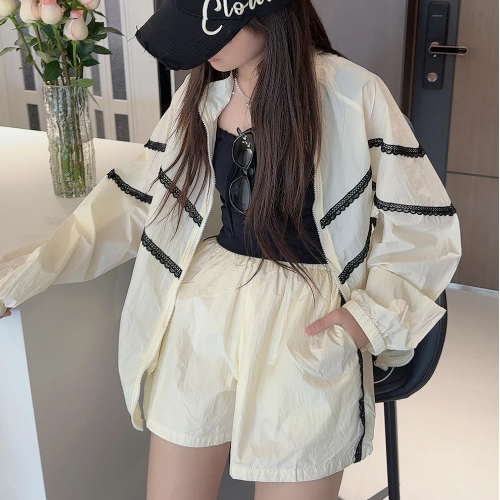 跳跳鱼靑少年装2025夏季宽松时尚立领蕾丝花边纯色防晒套装279107