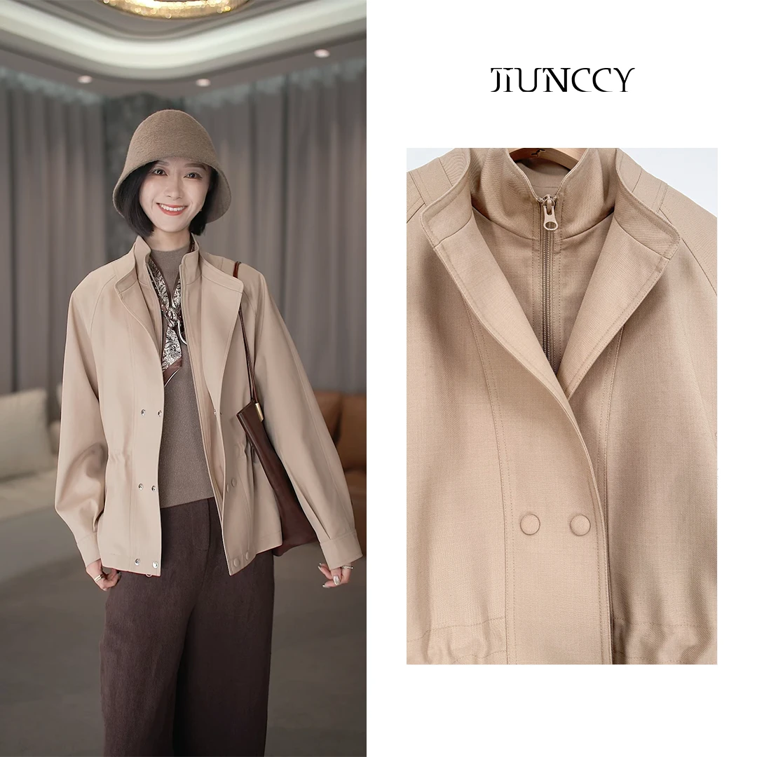 JIUNCCY【扶摇】羊毛混纺双门襟假两件腰部抽绳短风衣外套 52YWT052