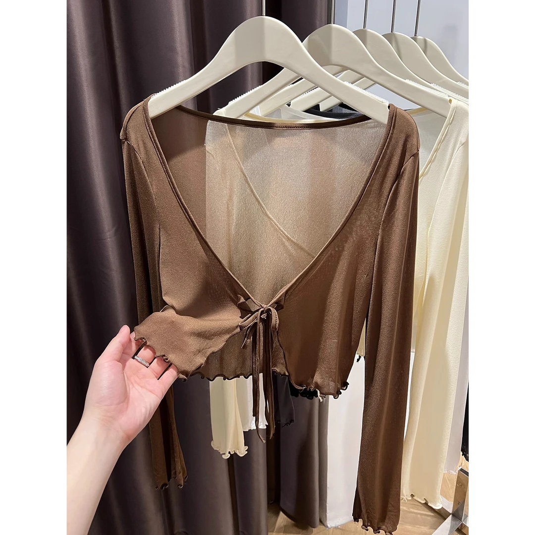 木耳边设计感系带防晒薄款开衫女夏配吊带裙外搭网纱披肩空调罩衫