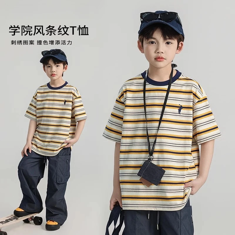 纯棉儿童条纹短袖2025夏季T恤衫儿童半袖夏天百搭半袖宽松男童韩