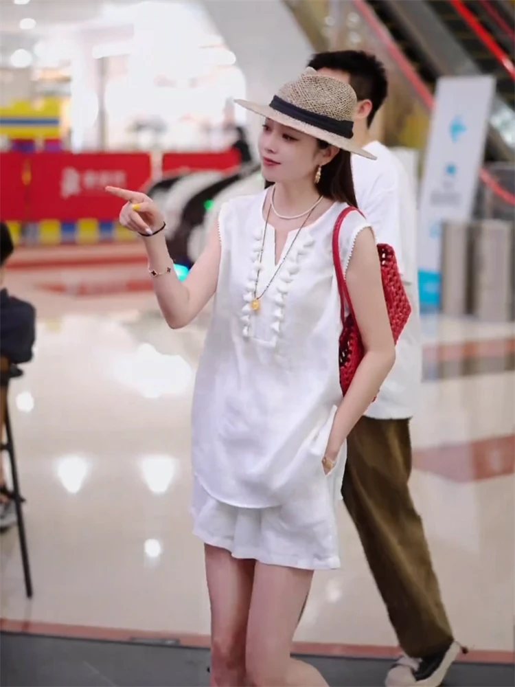 韩系无袖流苏衬衫短裤两件套2025夏季时尚新款宽松休闲显瘦套装