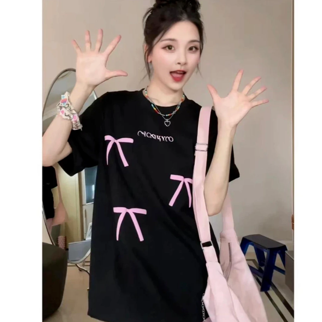 100%纯棉甜酷风减龄ins粉色蝴蝶结宽松百搭短袖男女情侣T恤