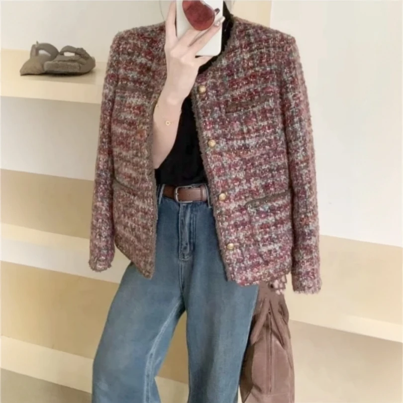 今年爆款上衣高级感独特超好看减龄韩系小香风红色粗花呢外套