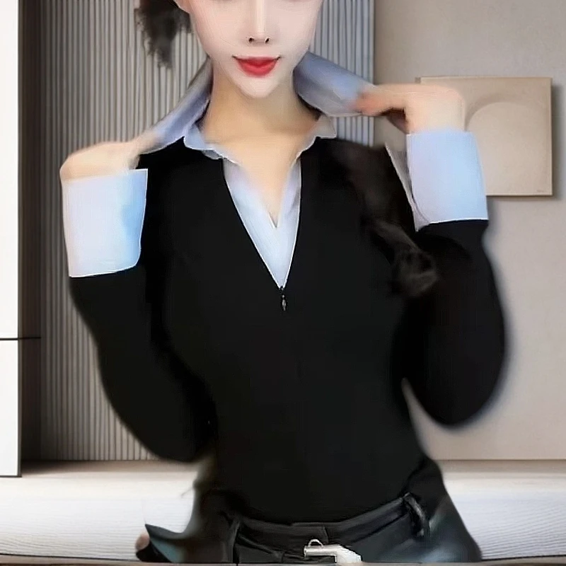 Q欧洲站2025春新款显瘦t恤上衣时尚女装衬衫领假两件长袖打底衫