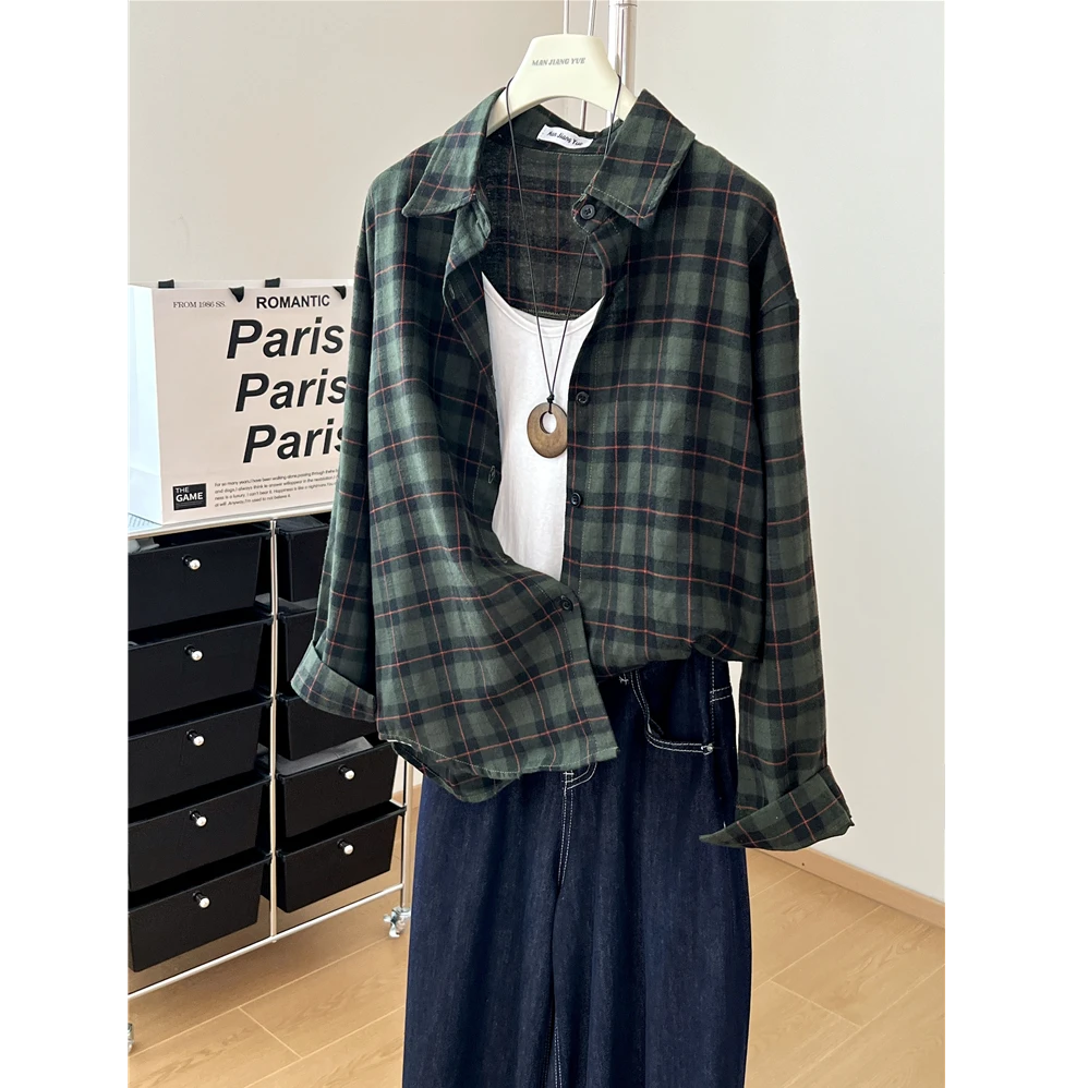 2025秋季新款美式复古慵懒风格纹衬衫女休闲外套百搭时尚韩版宽松