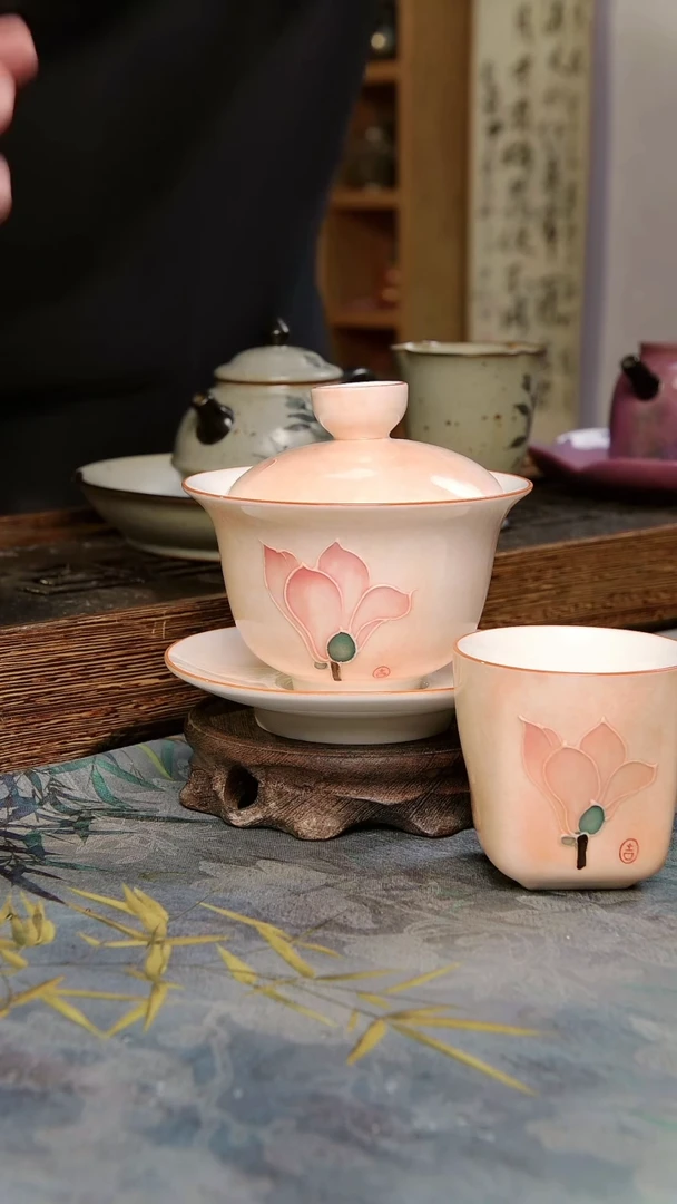 亘古茶具柴烧精品@玉兰花三才盖碗加杯