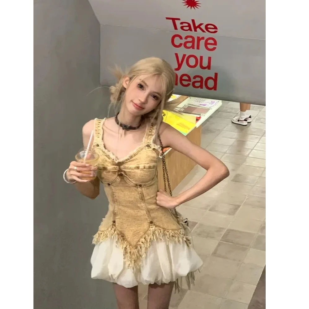 【破价秒发】性感辣妹套装美式甜辣妹复古牛仔吊带背心女花苞半身裙