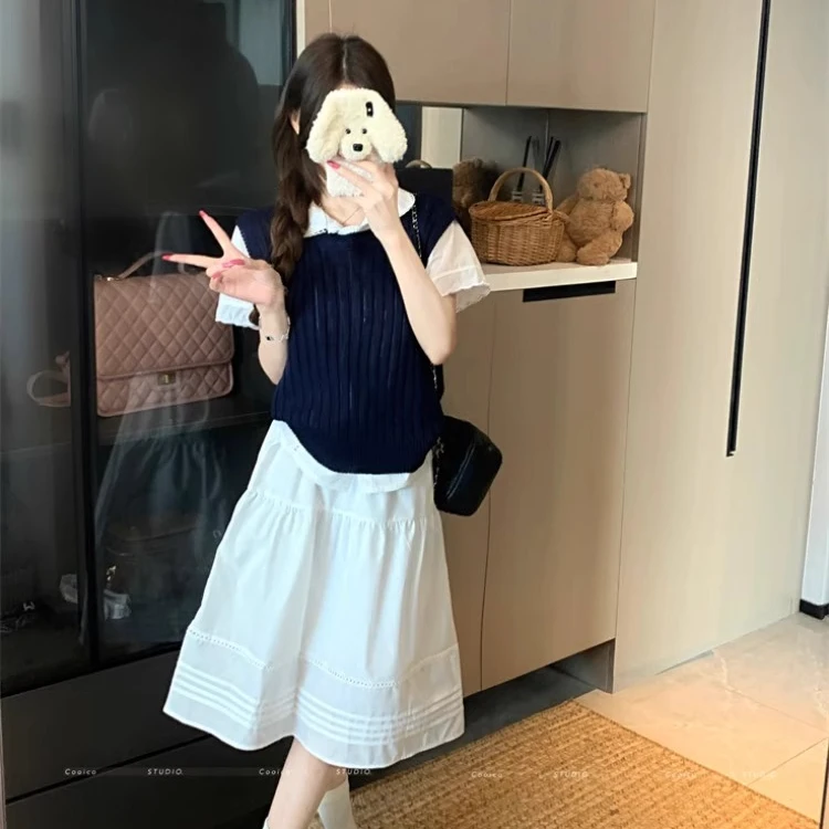 夏季学院风穿搭套装蓝色针织马甲背心叠穿衬衫女高腰半身裙三件套