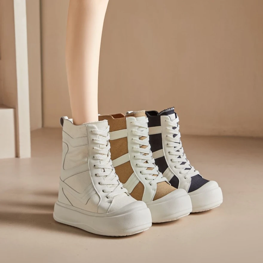 艾格鸟内增高12cm帆布鞋女2025春季新款透气小白鞋厚底内增高女鞋