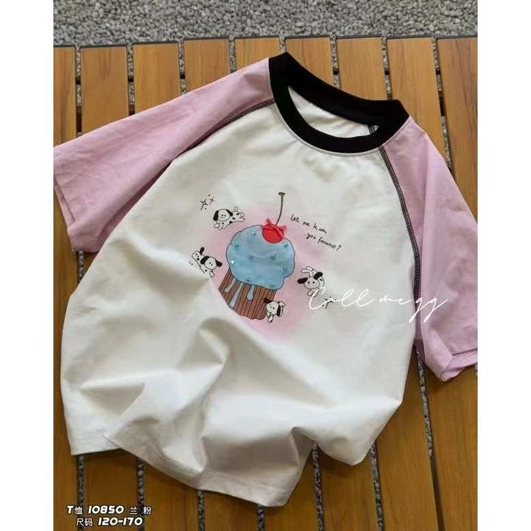 【小慕家】2025夏儿童蛋糕图案可爱风格休闲百搭拼色短袖T恤10850