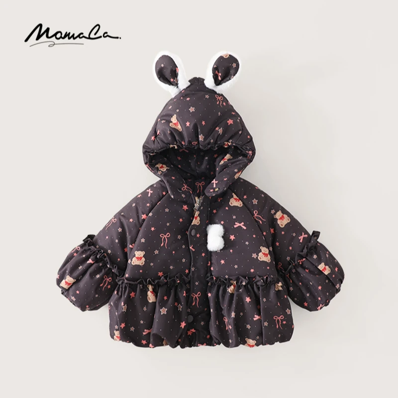 MOMOCO冬季新款女童甜美时尚小兔帽印花棉衣外套75820101013