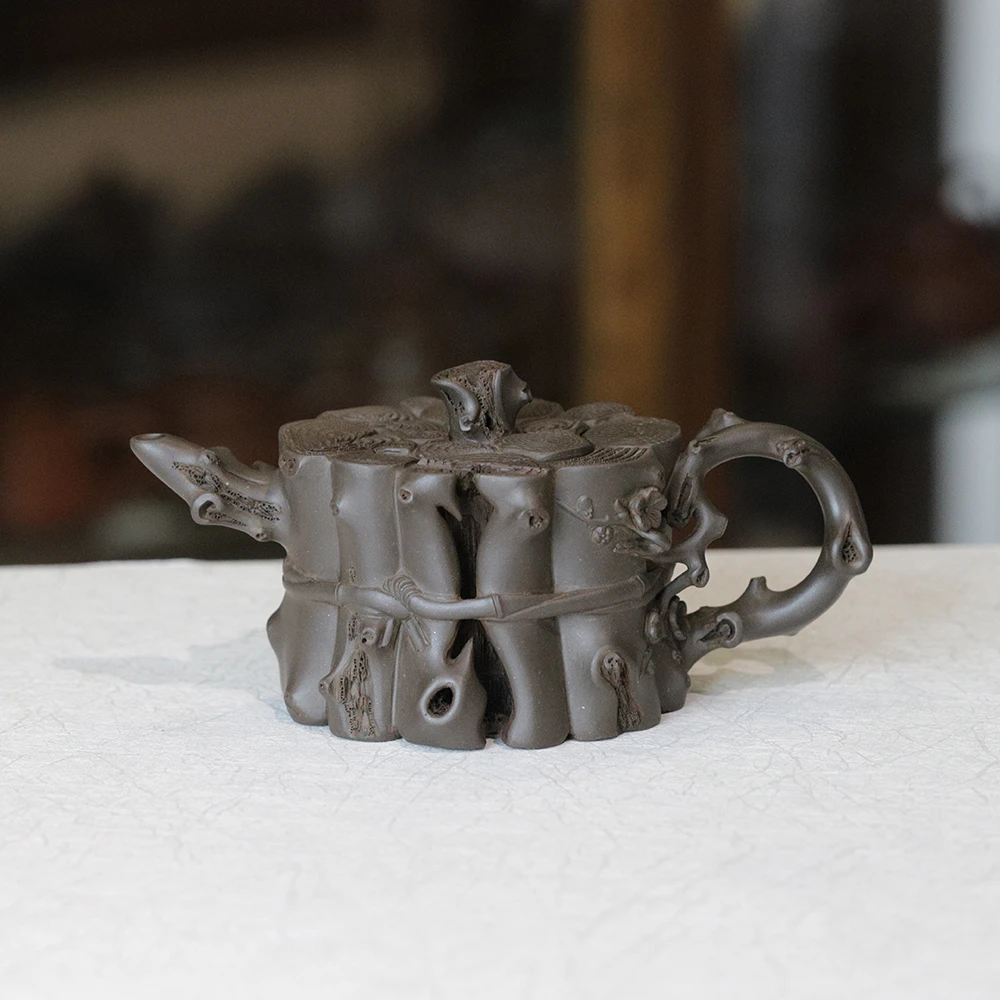 紫砂之家束柴三友梅120cc黑泥顾道荣收藏泡茶级全手工手工紫砂壶