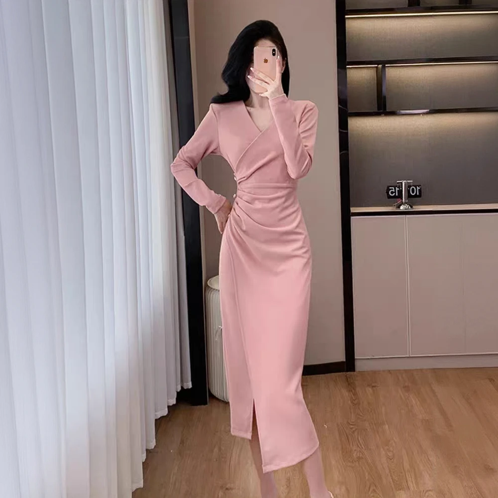 甜美气质不规则褶皱开叉V领长袖连衣裙高级长裙