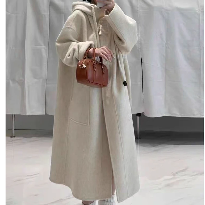 【蓉蓉专属】X0865牛角扣双面大衣冬款羊毛连帽加厚毛呢外套带帽