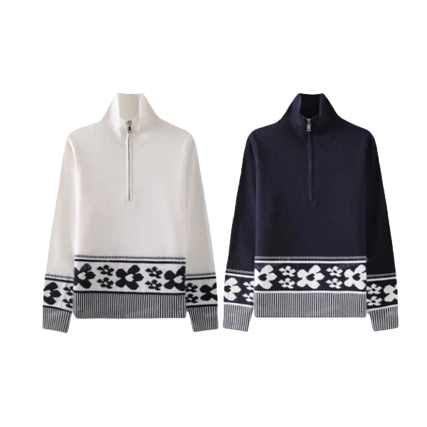 花朵费尔岛半拉链翻领针织衫慵懒风毛衣女W047