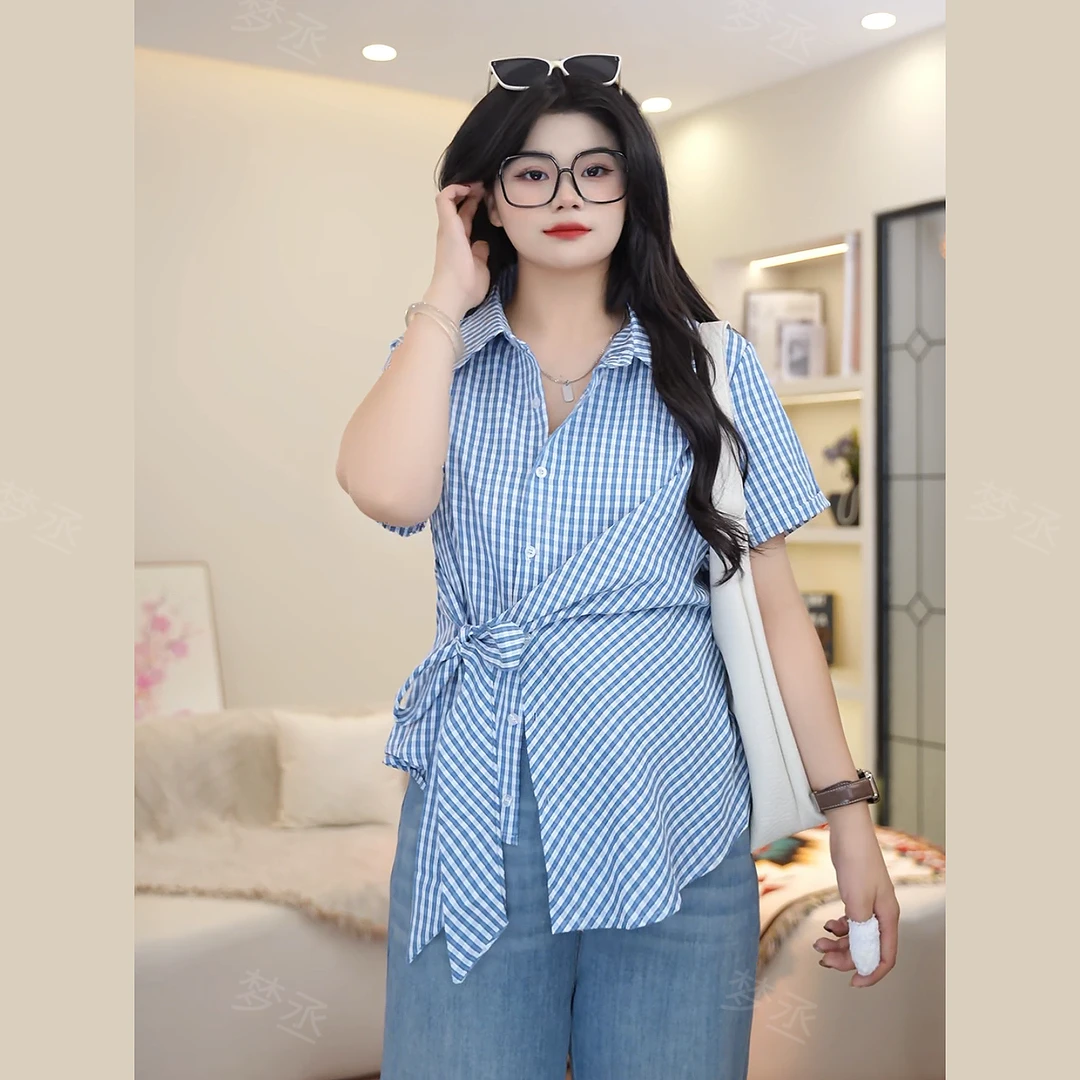 梦丞-大码女装设计感POLO领不规则绑带洋气格子法式气质短袖衬衫