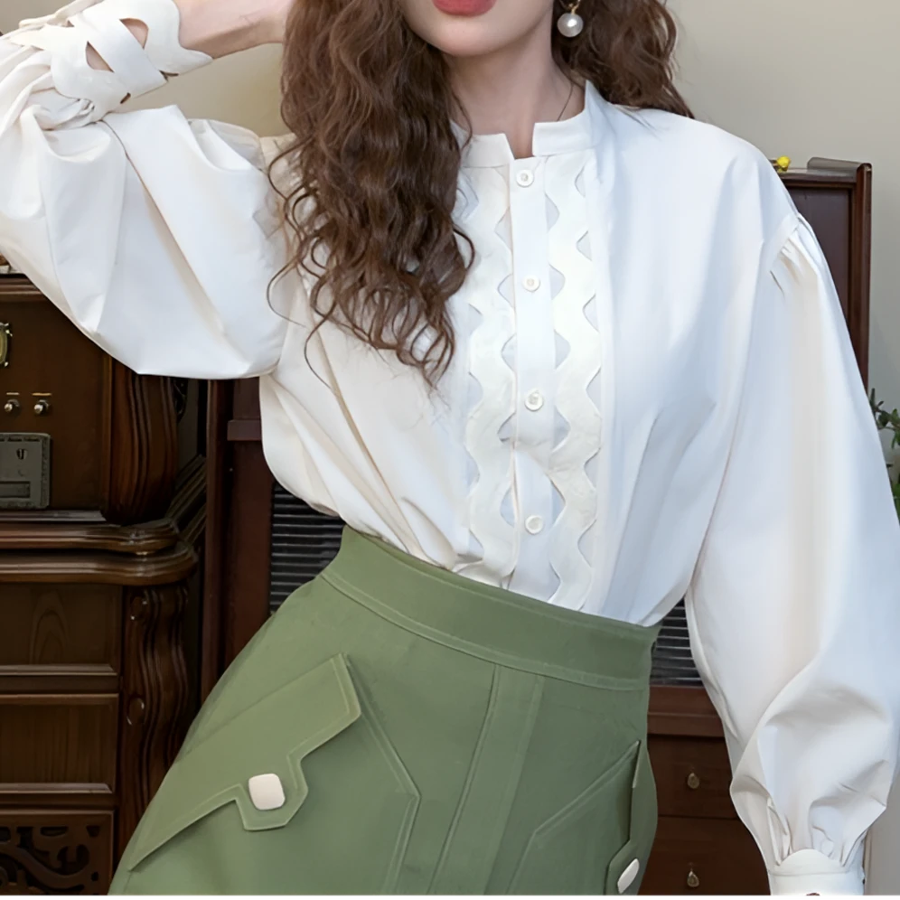 清【一生罗曼】设计感波浪花边拼接通勤百搭衬衫Y3532