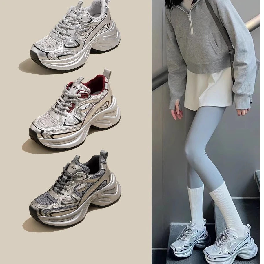 厚底老爹鞋女2025年春秋季新款透气系带女鞋银色增高休闲运动鞋子