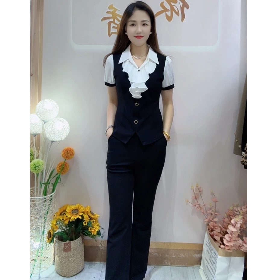 新款高档气质洋气显瘦撞色木耳边短袖套装